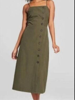 Who What Wear olive green midi button down dress
